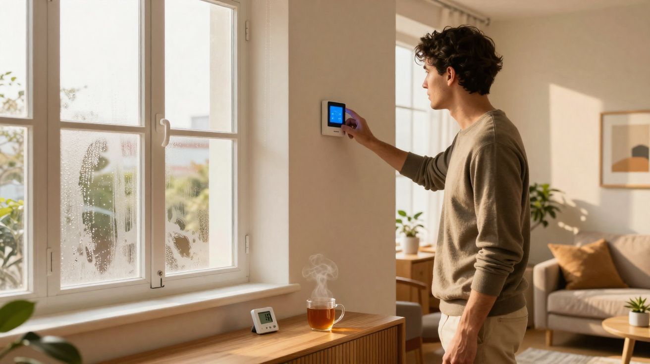Homem ajustando termostato digital na parede em sala iluminada e aconchegante.
