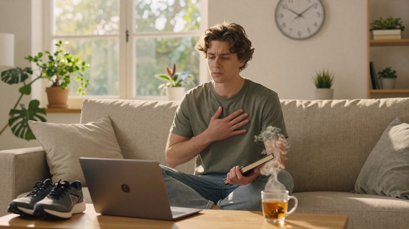Homem sentado no sofá com mão no peito, segurando livro, laptop à frente e chá quente na mesa.