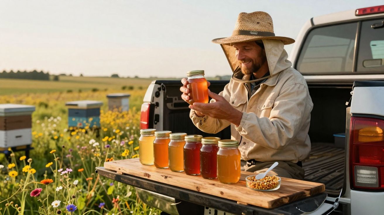 Apicultor segurando pote de mel, com vários potes na caçamba da caminhonete em campo florido ao pôr do sol.