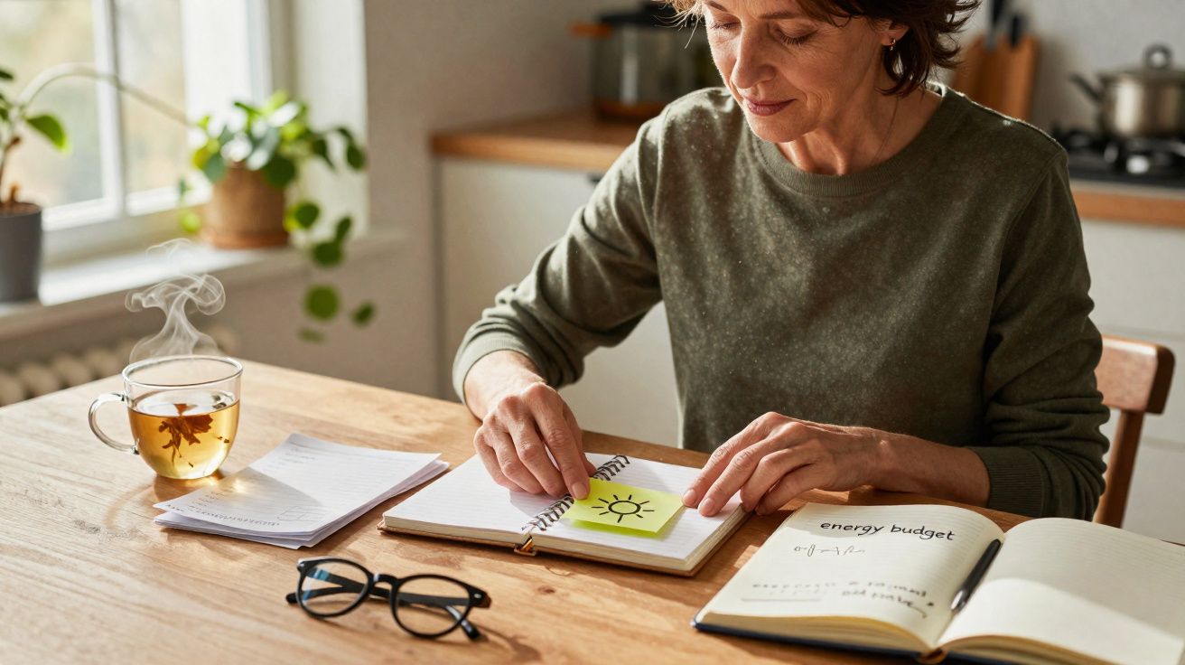 Mulher sentada à mesa com chá, caderno, post-it com desenho de sol e anotações sobre orçamento de energia.