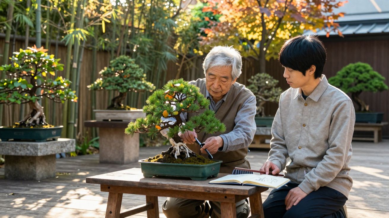 Idoso e jovem cuidando de bonsai em mesa ao ar livre com árvores e vegetação ao fundo.