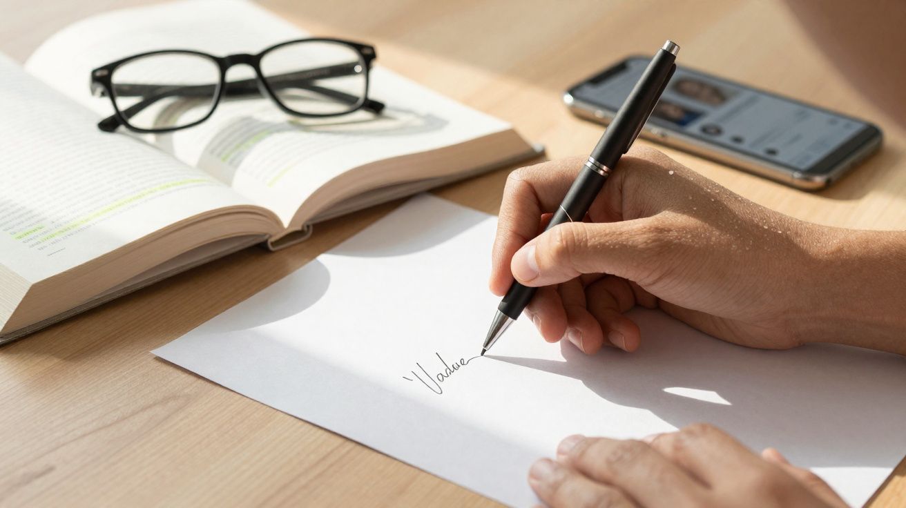 Mão escrevendo em papel com caneta, livro aberto, óculos e celular sobre mesa de madeira.