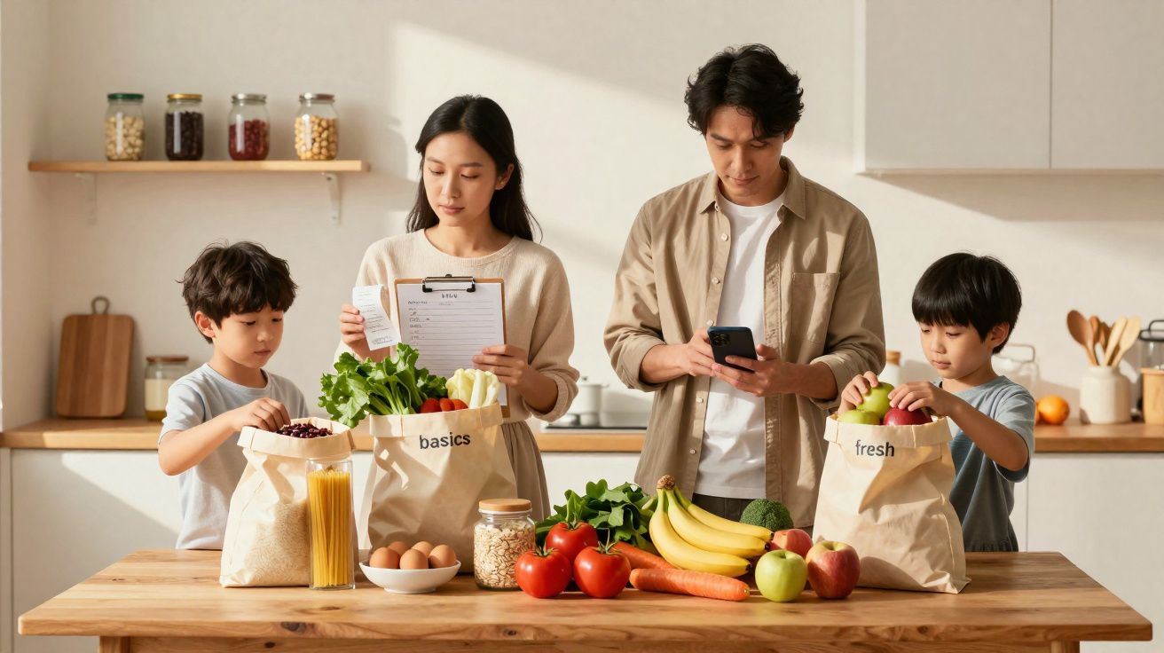 Família asiática organizando alimentos frescos na cozinha, mãe com lista, pai no celular, crianças guardando itens.