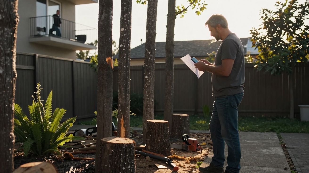 Homem olhando celular e papel em quintal com árvores cortadas e motosserra no chão