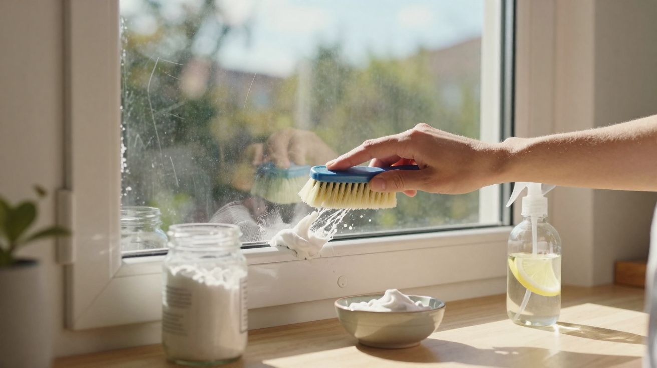 Pessoa limpando janela com escova, espuma de limpeza e frascos sobre superfície próxima à luz natural.