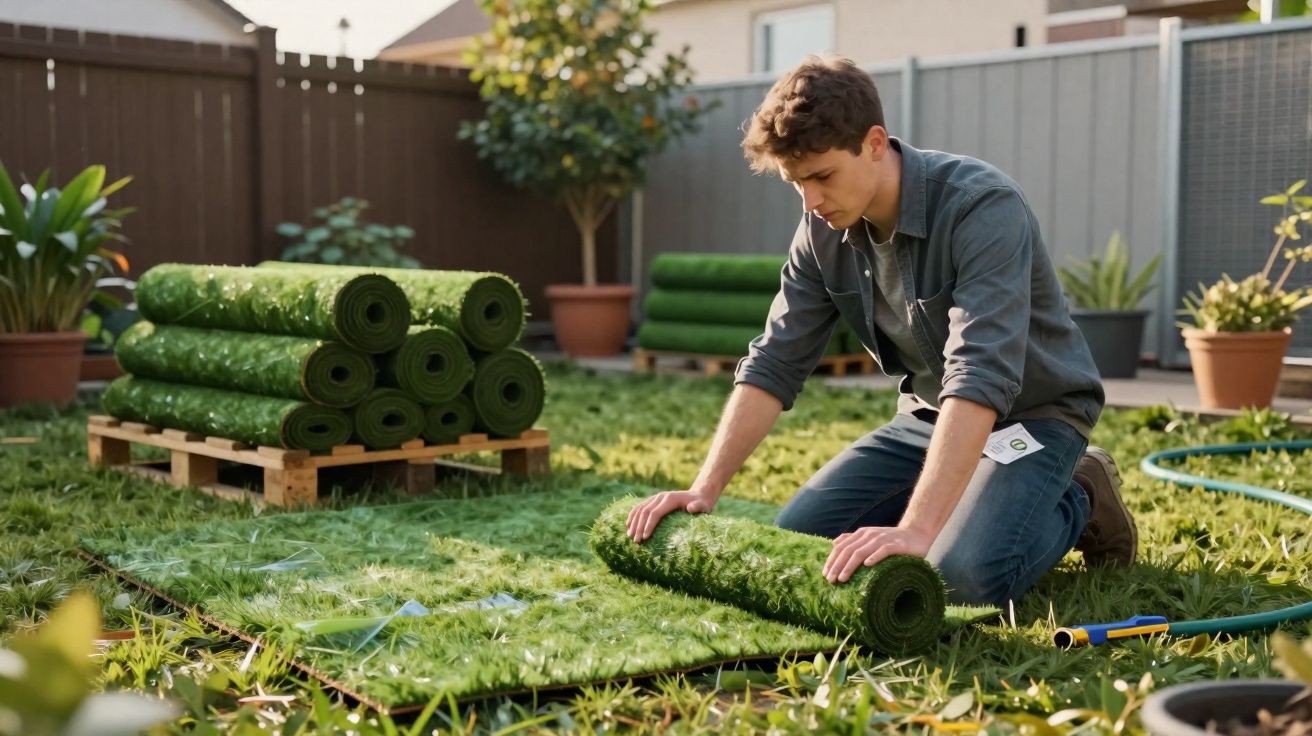 Jovem desenrolando grama sintética em jardim externo, com vários rolos ao fundo sobre paletes de madeira.