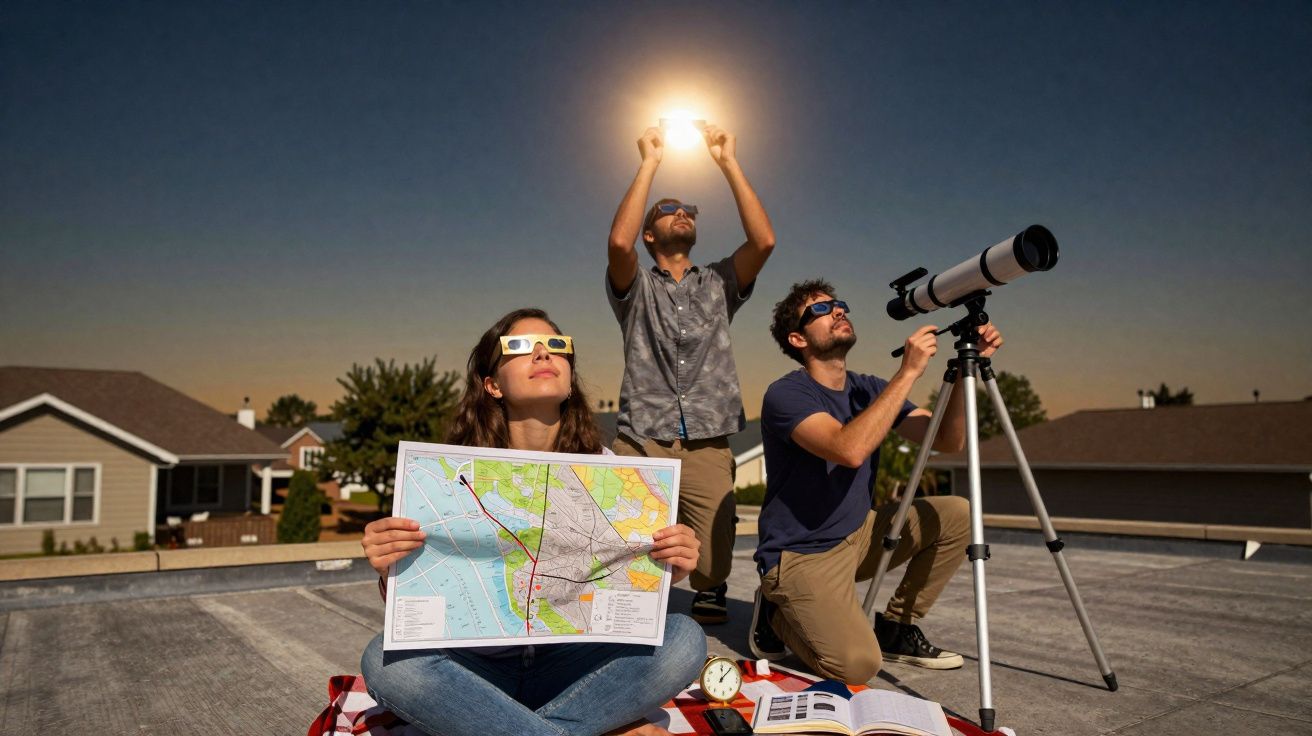 Três pessoas com óculos especiais observam o céu durante um eclipse, uma segura mapa e outra usa telescópio.