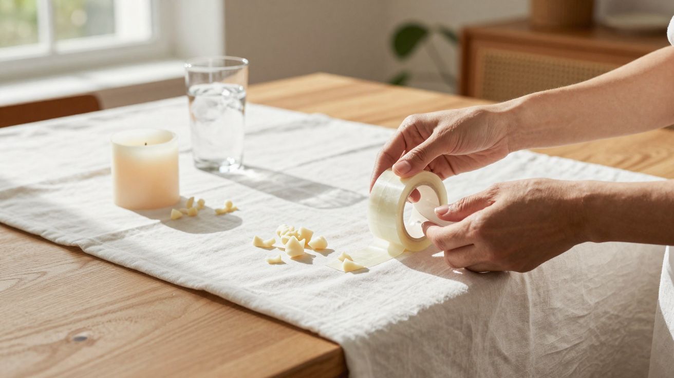 Mãos segurando fita adesiva sobre toalha branca em mesa de madeira com vela, copo d'água e pétalas.