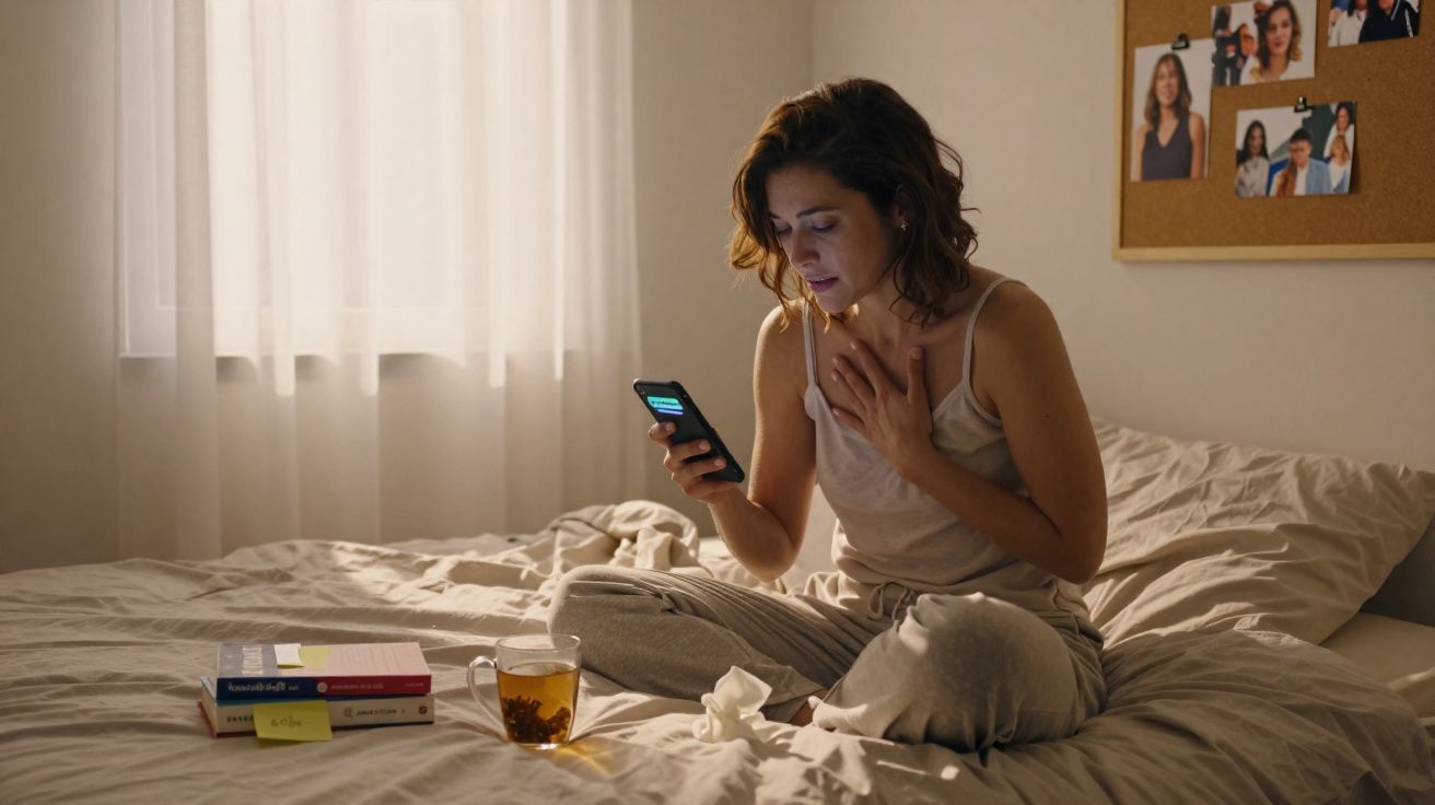 Mulher sentada na cama lendo mensagem no celular, com livros, chá e lenços ao redor em ambiente iluminado.