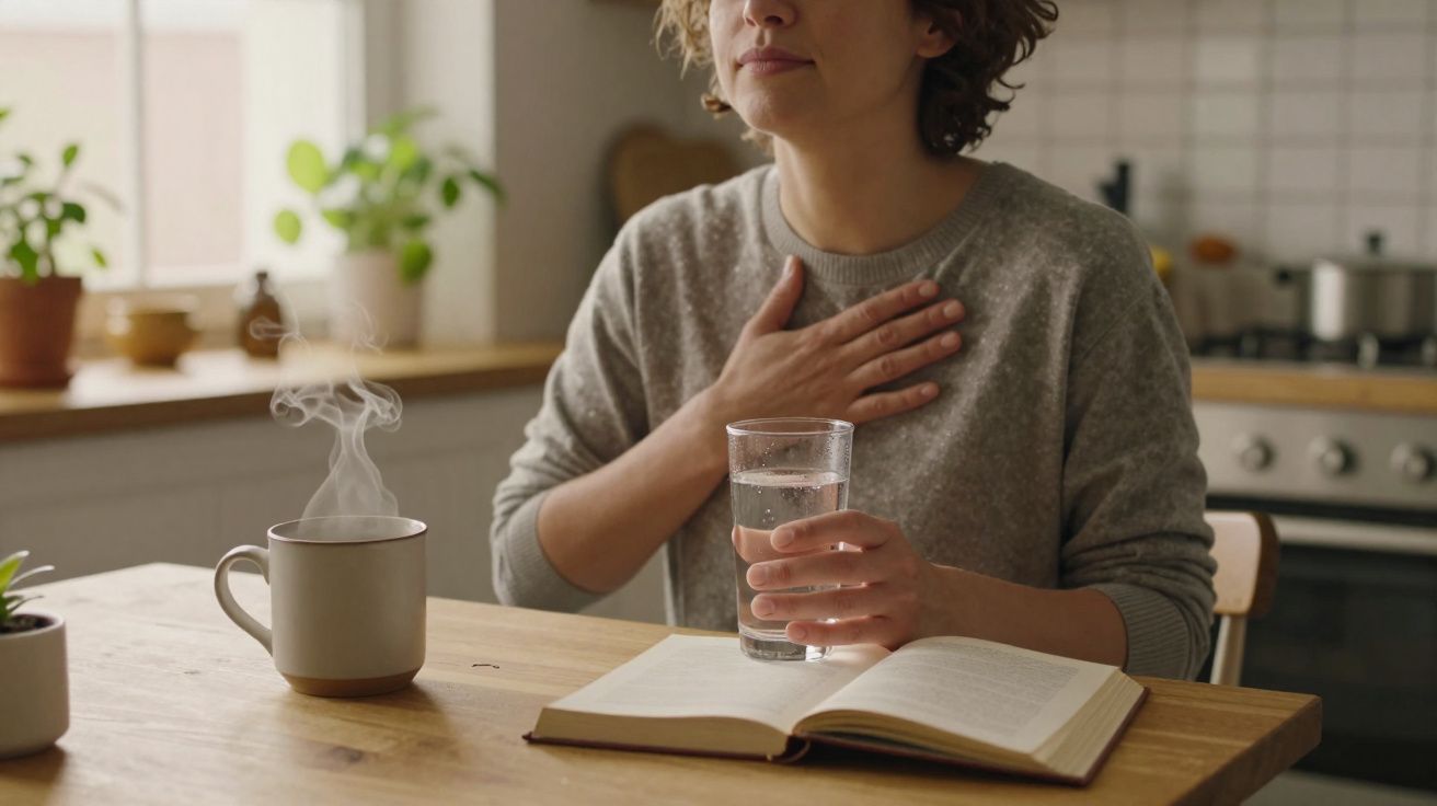 Mulher sentada à mesa com livro aberto, segurando copo d'água e mão no peito, com xícara fumegante.
