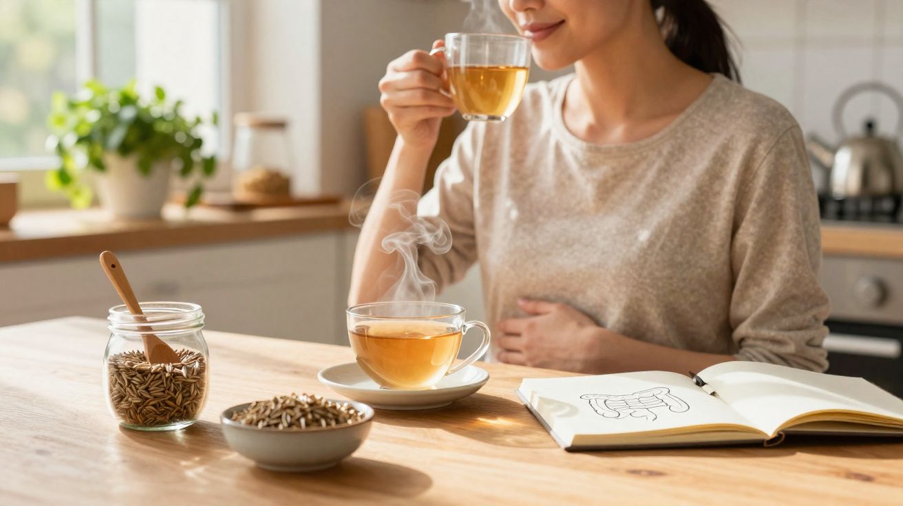 Mulher sorridente segurando xícara de chá quente na cozinha, com livro aberto e sementes sobre a mesa.