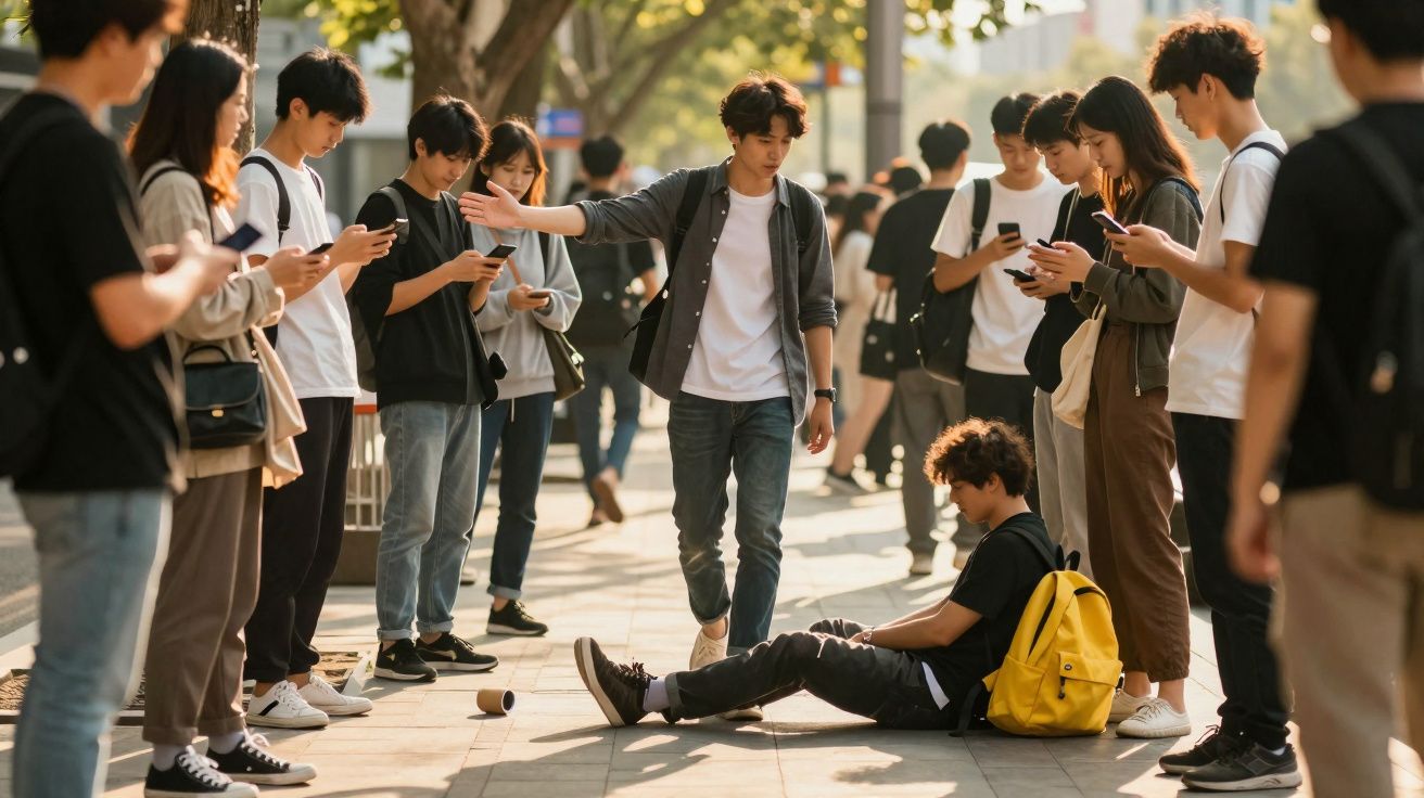 Adolescentes em espaço público, alguns usando celulares e um sentado no chão com mochila amarela, em volta.