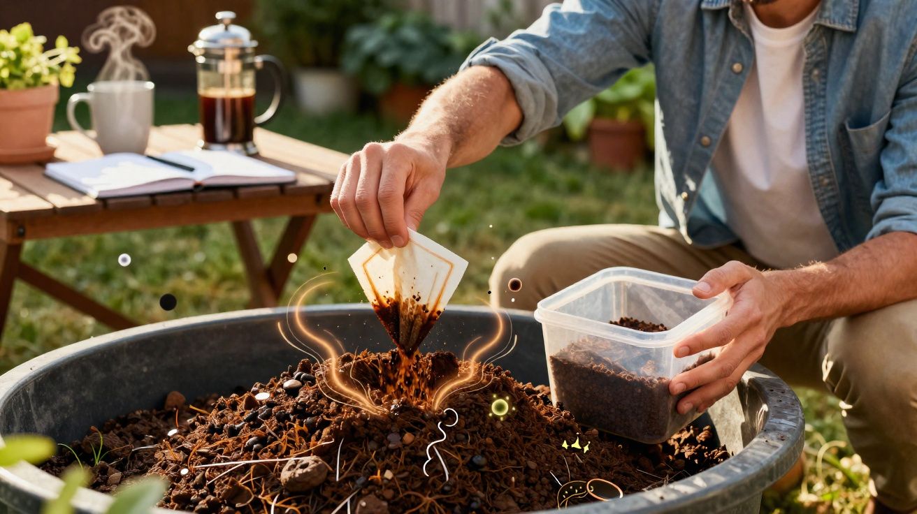 Pessoa plantando café em saco de pano em vaso grande ao ar livre, ao lado de mesa com bule e xícara.