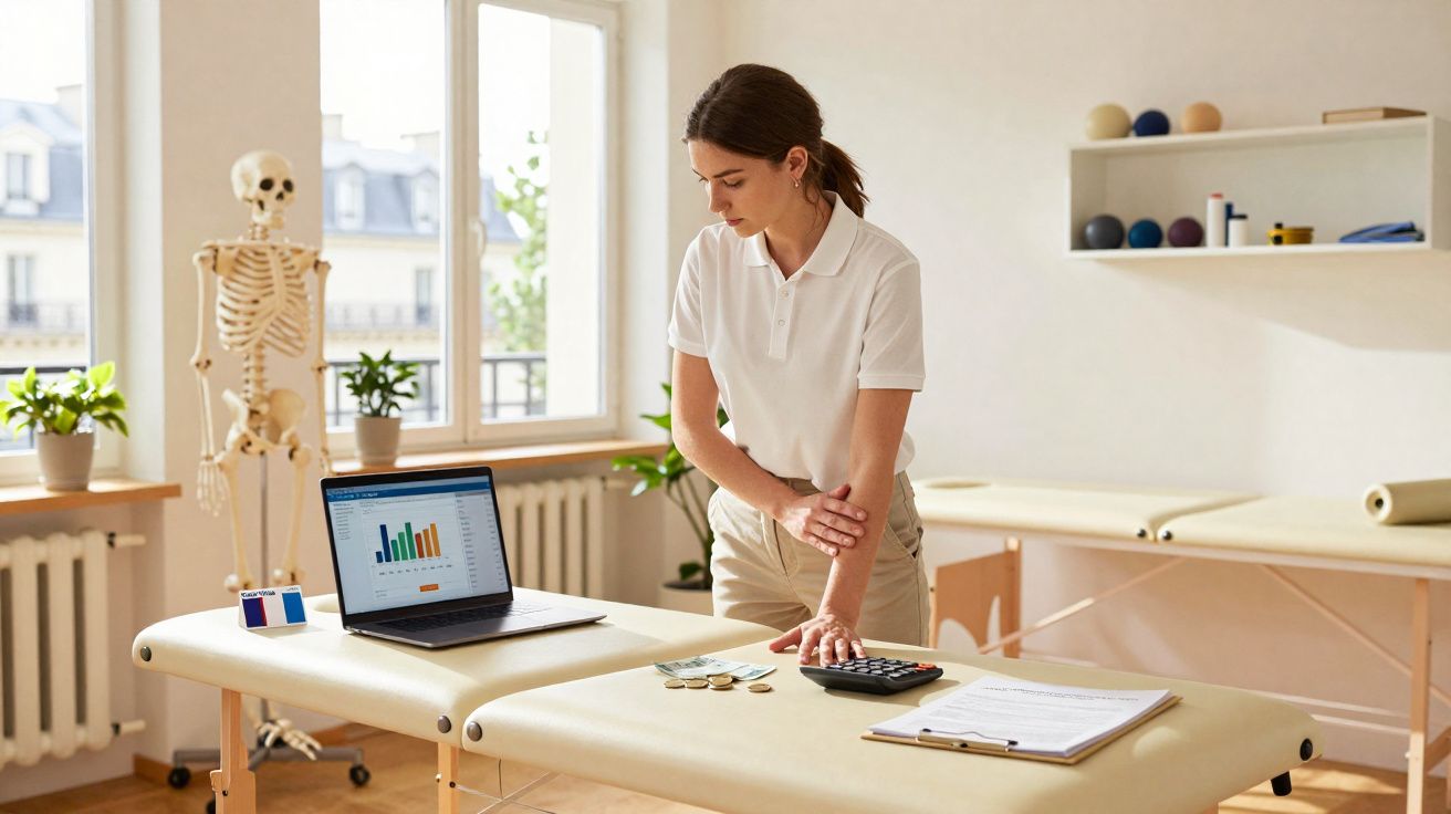 Mulher analisando gráficos em laptop e calculando com calculadora em sala de fisioterapia.