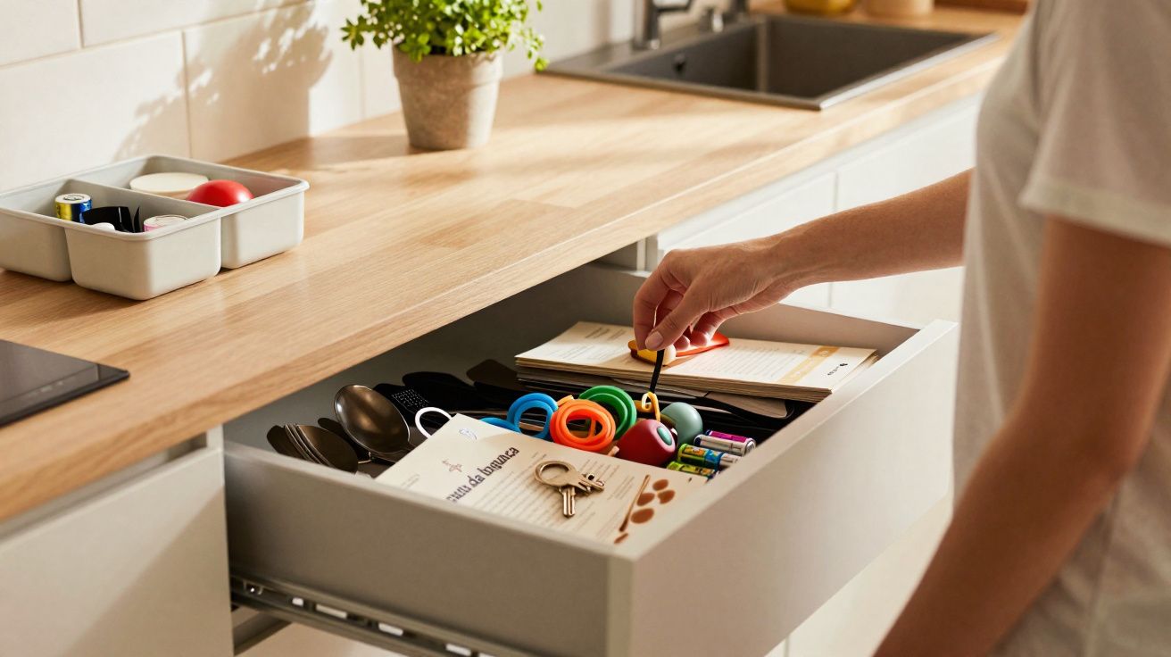 Pessoa organizando objetos diversos dentro de gaveta de cozinha com bancada de madeira e pia ao fundo.