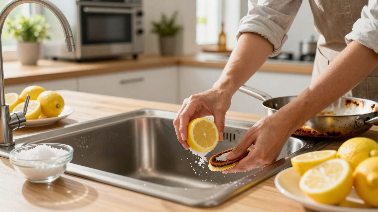 Pessoa lavando uma panela queimada na pia da cozinha com limão e sal.