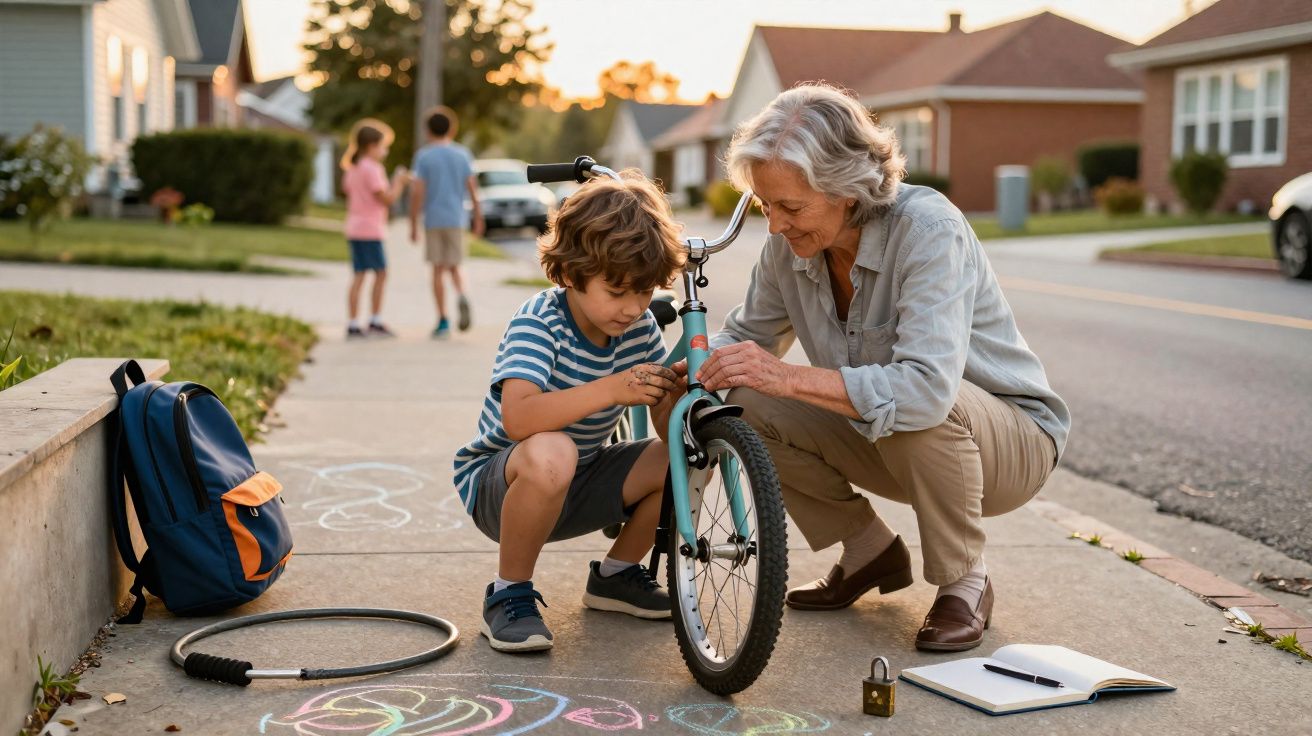 Criança e idosa consertam bicicleta na calçada com desenhos de giz ao redor em bairro residencial.