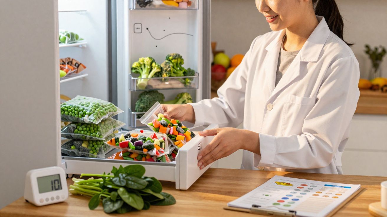 Mulher em jaleco branco armazenando legumes frescos e congelados em geladeira na cozinha.