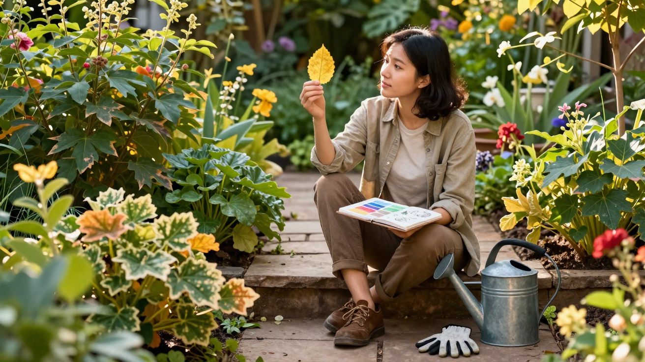 Mulher sentada no jardim segurando folha amarela e livro de amostras de cores.