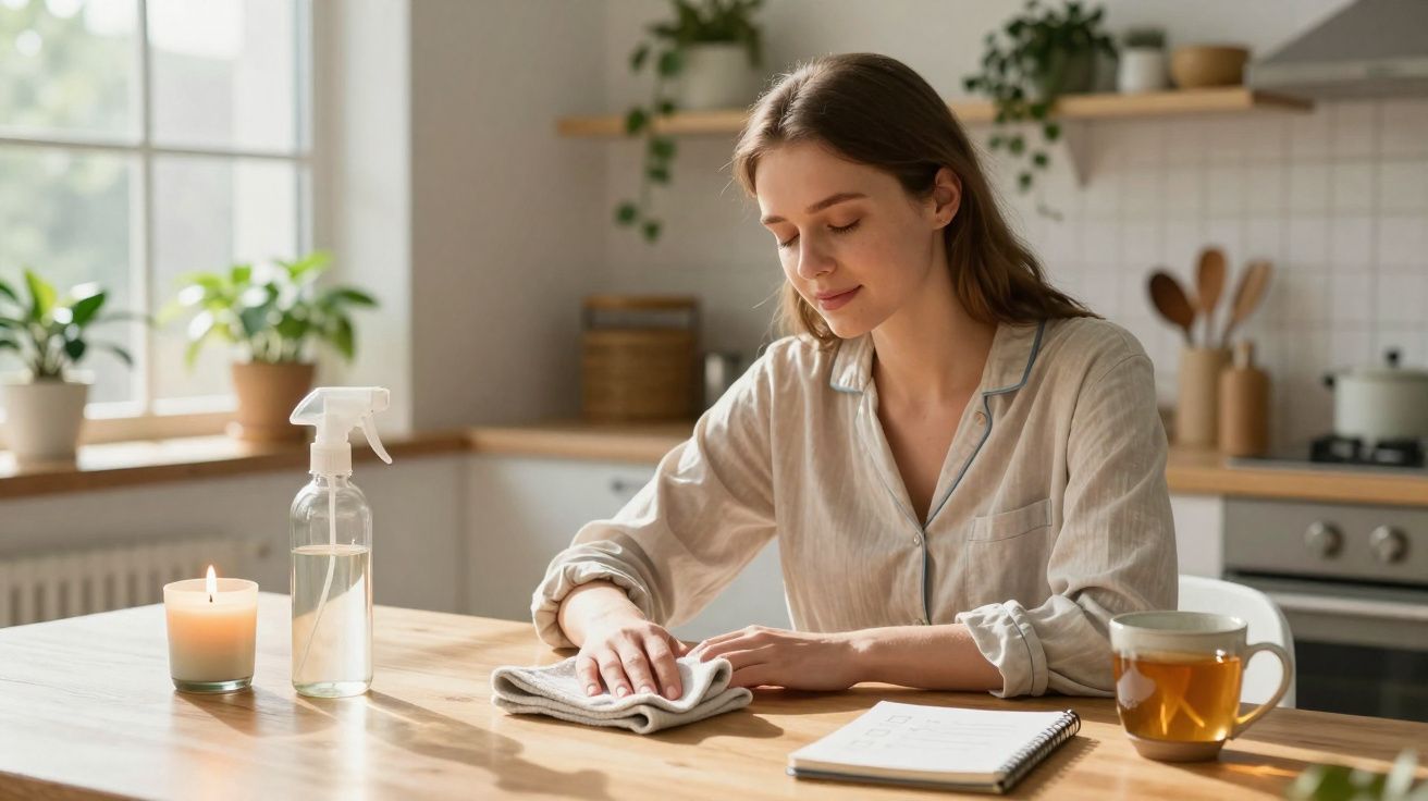 Mulher limpa mesa de madeira na cozinha com pano, vela acesa e xícara de chá ao lado.