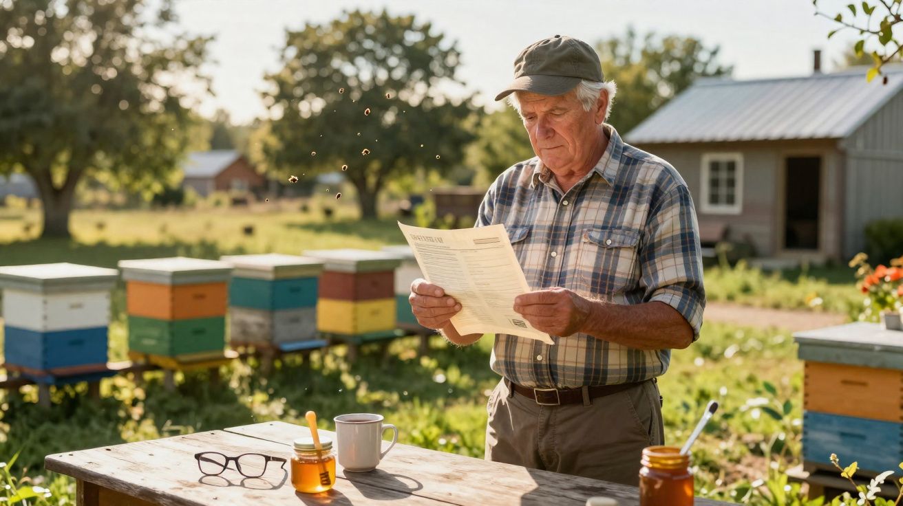 Idoso em roupa xadrez lê jornal no campo, próximo a colmeias e pote de mel sobre mesa de madeira.