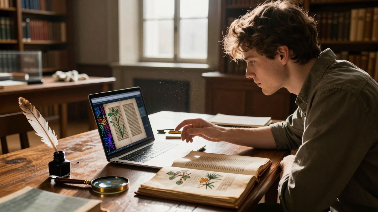 Jovem estudando plantas antigas em livro e computador, biblioteca ao fundo, luz natural entrando pela janela.