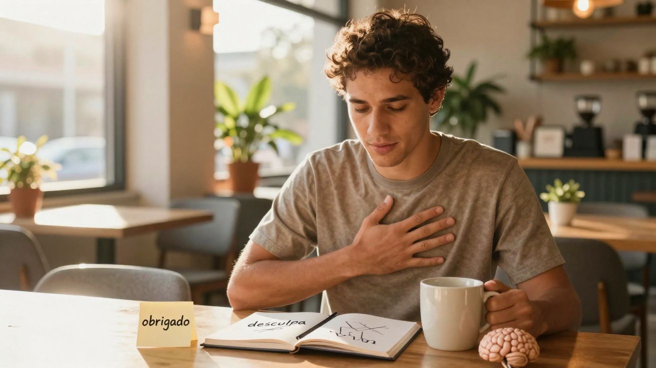 Jovem sentado em café com livro aberto, café na mão e nota com "obrigado" na mesa.