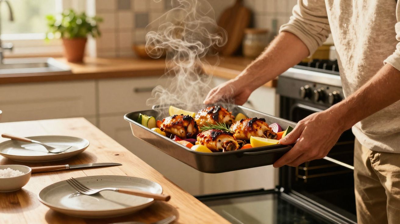 Pessoa retirando assadeira com frango e legumes assados fumegantes do forno em cozinha acolhedora.