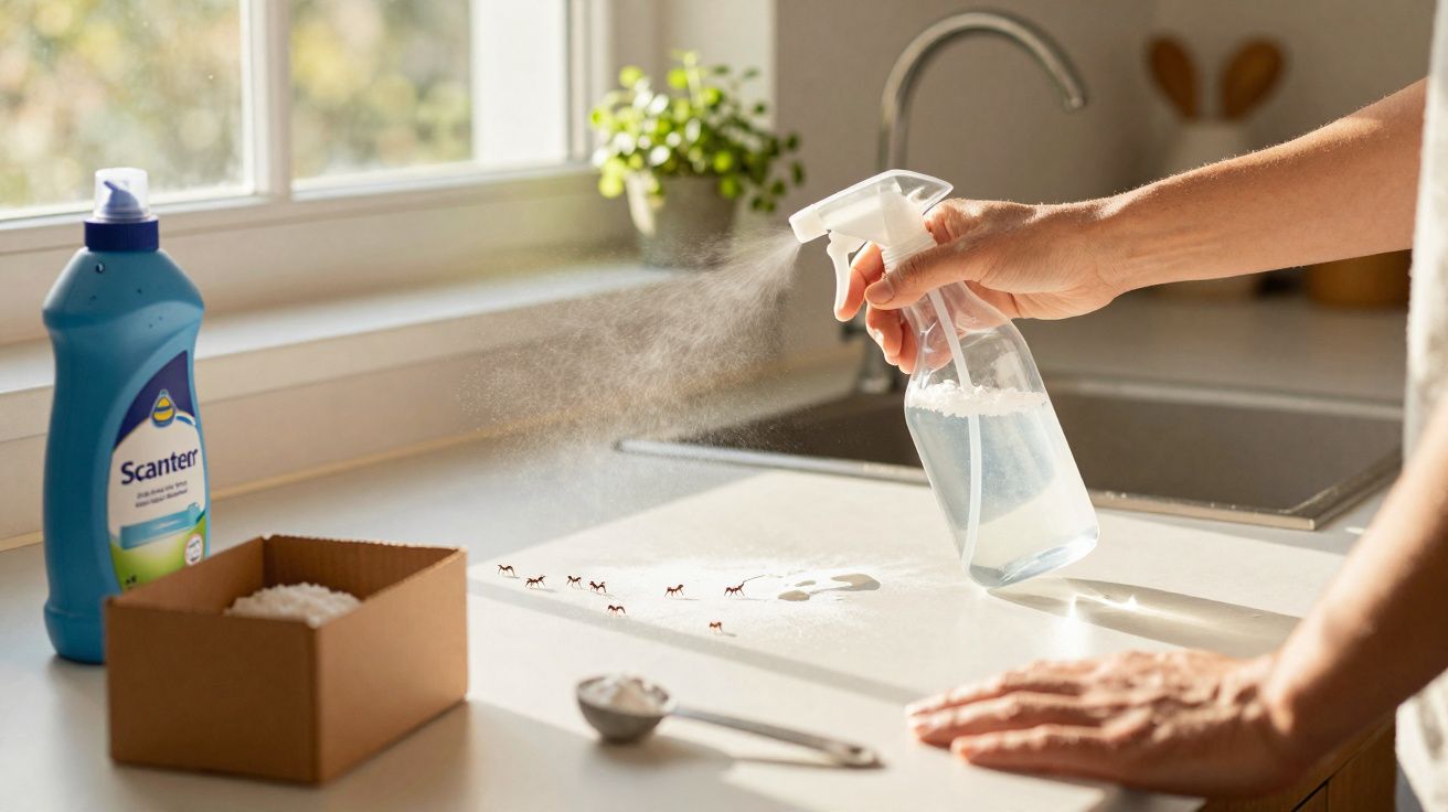 Pessoa borrifando solução caseira para afastar formigas em superfície de cozinha clara.