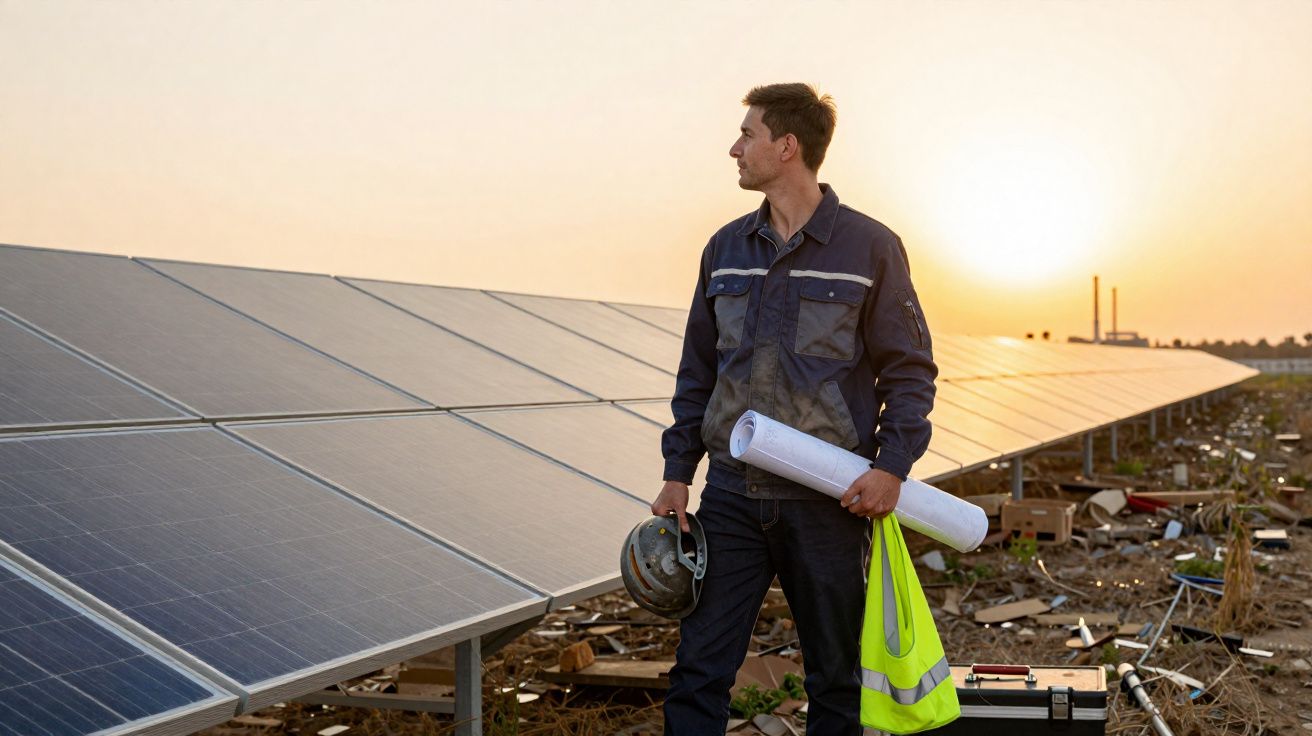 Homem com capacete e planta em mãos ao lado de painéis solares ao pôr do sol em área externa.