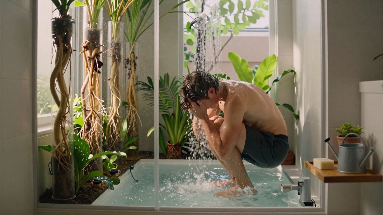 Homem agachado em chuveiro de banheiro com plantas ao redor e luz natural entrando pela janela.