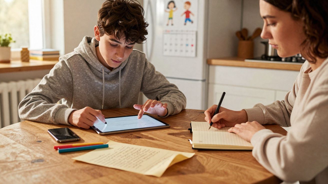 Adolescente usando tablet enquanto jovem mulher escreve em caderno, sentados à mesa de madeira, em ambiente iluminado.