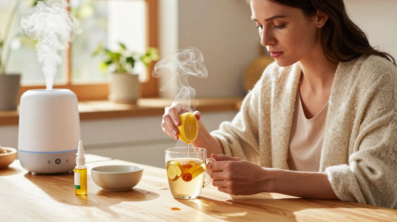 Mulher espremendo limão em chá quente em mesa com umidificador e frascos ao lado.