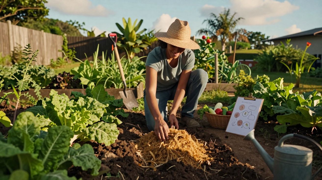 Pessoa com chapéu cuidando da horta, espalhando palha sobre o solo, cercada por verduras e ferramentas.