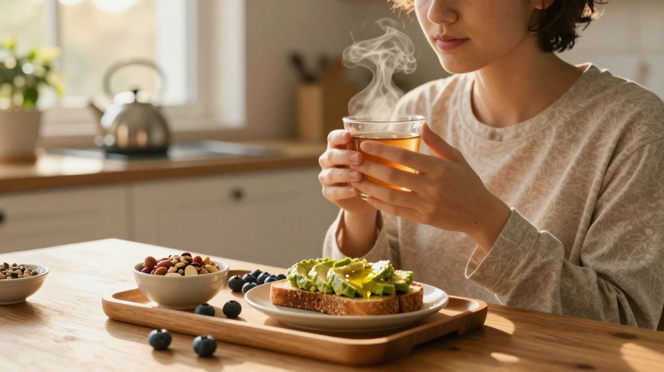 Pessoa segurando xícara de chá quente em cozinha, com torrada de abacate e frutas no café da manhã.