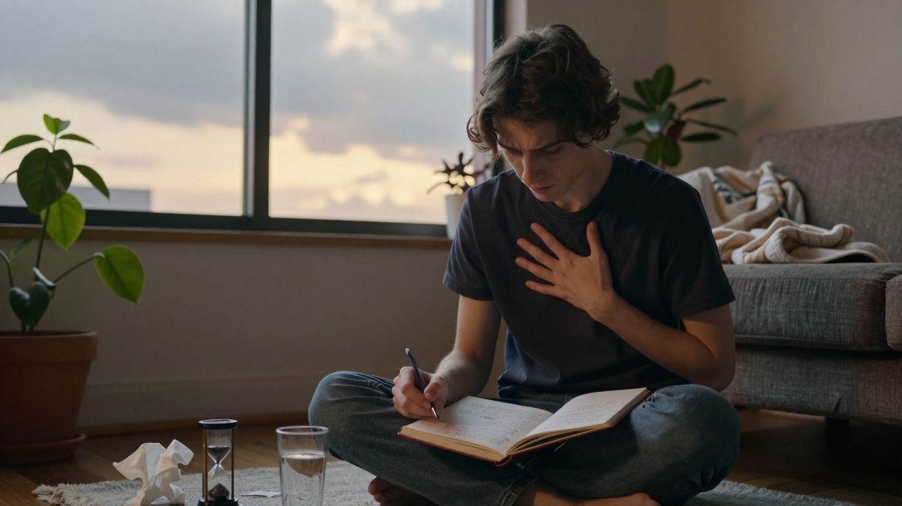 Jovem sentado no chão escrevendo em caderno, mão no peito, ao lado plantas, ampulheta e copo d'água.