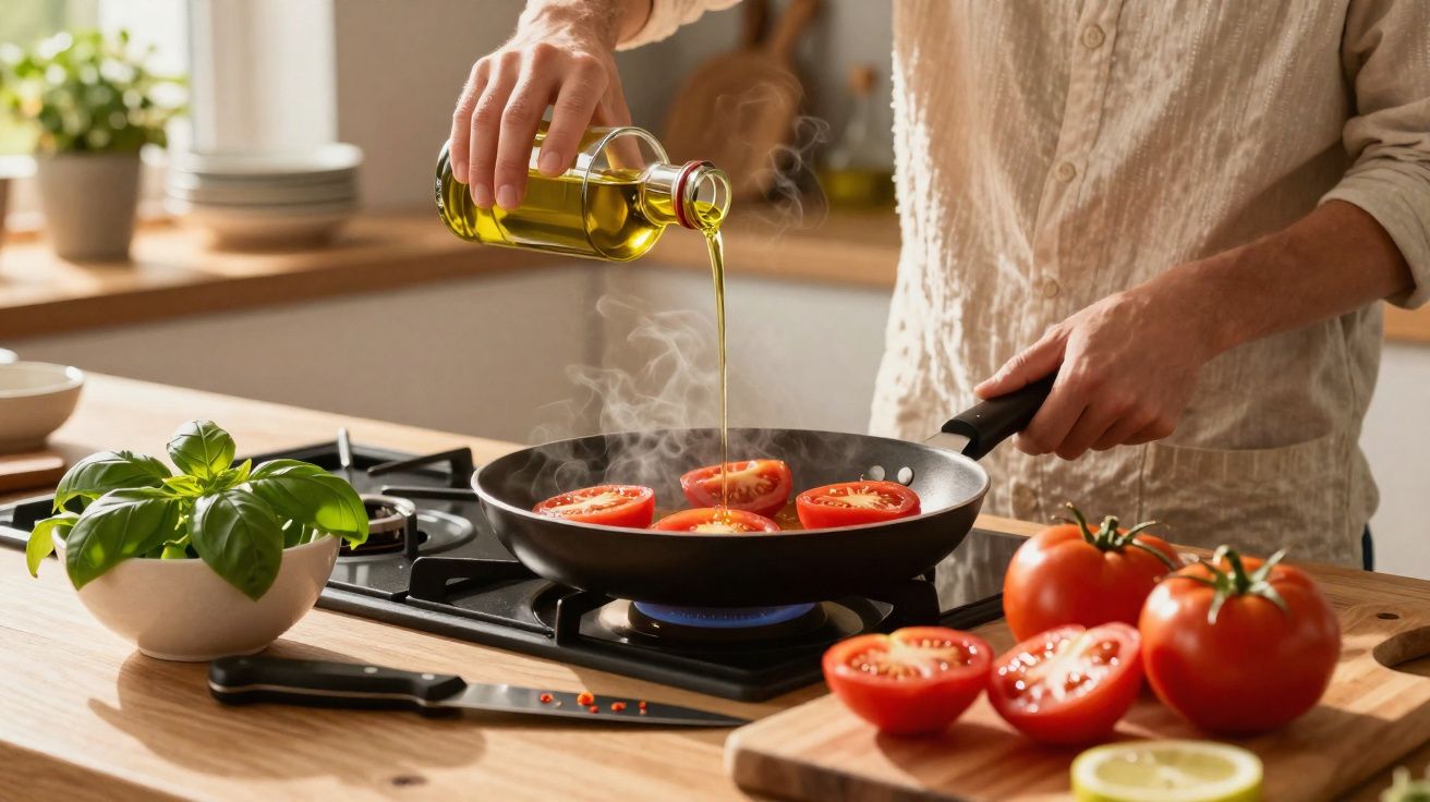 Pessoa adicionando óleo em tomates fatiados em frigideira no fogão em cozinha iluminada.