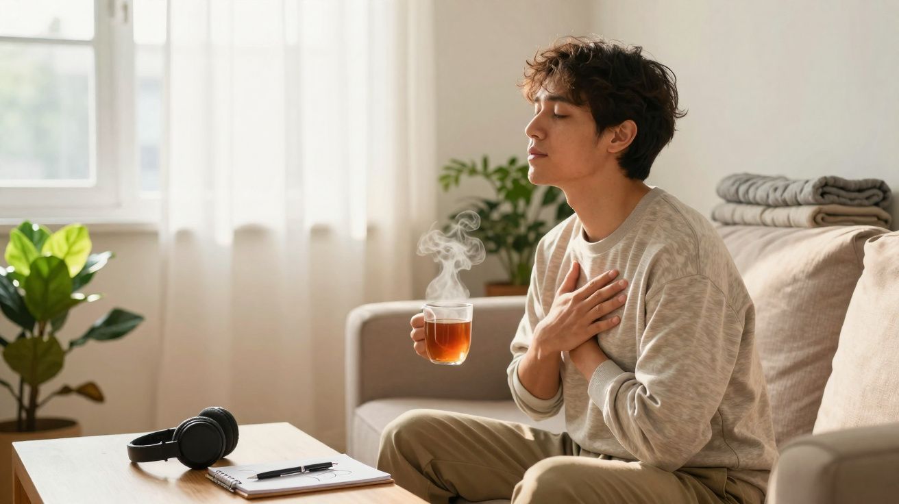 Jovem sentado no sofá com chá quente, olhos fechados e mãos no peito em momento de relaxamento.