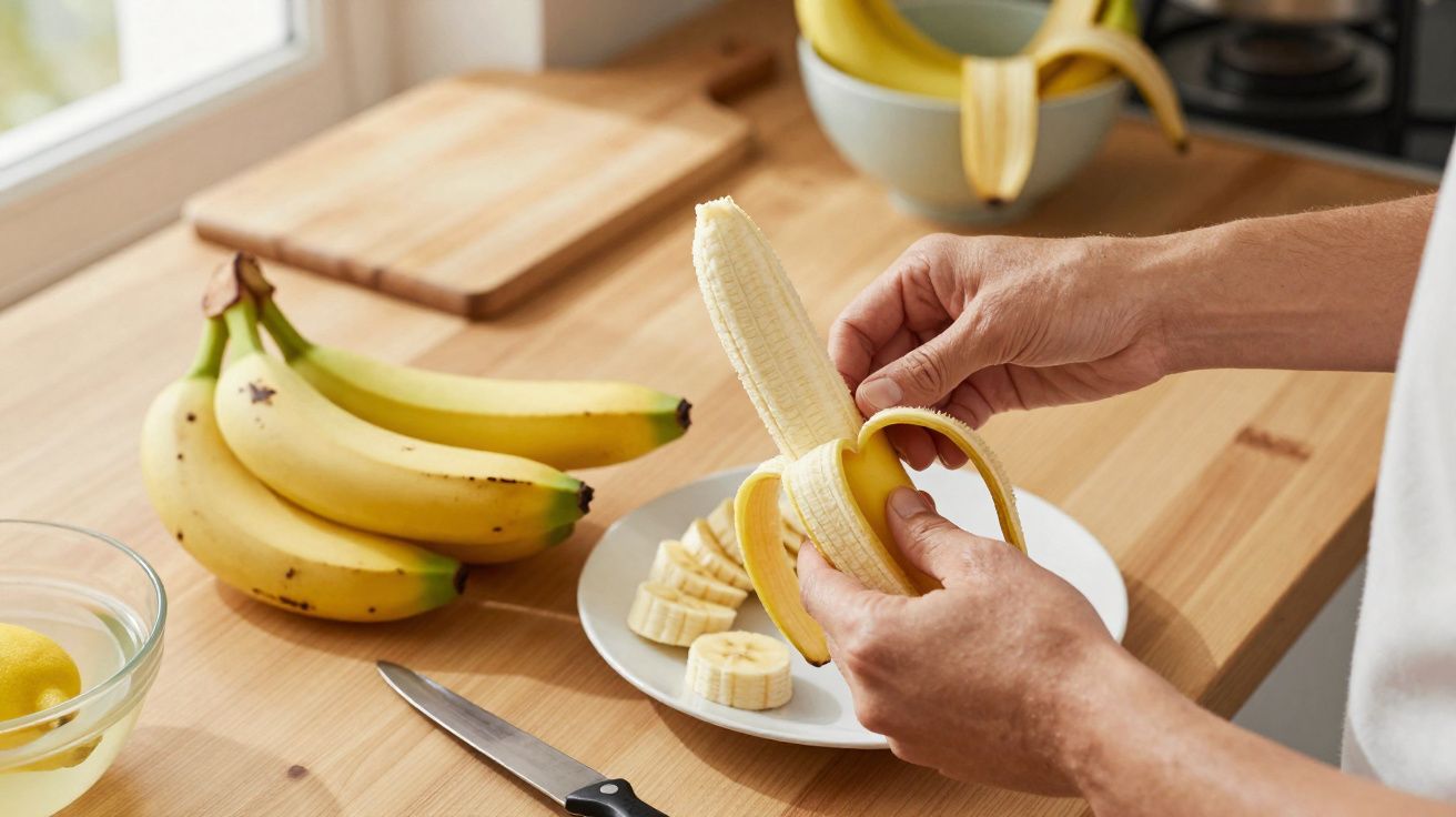 Pessoa descascando uma banana em cozinha, com bananas e fatias de banana sobre a mesa de madeira.