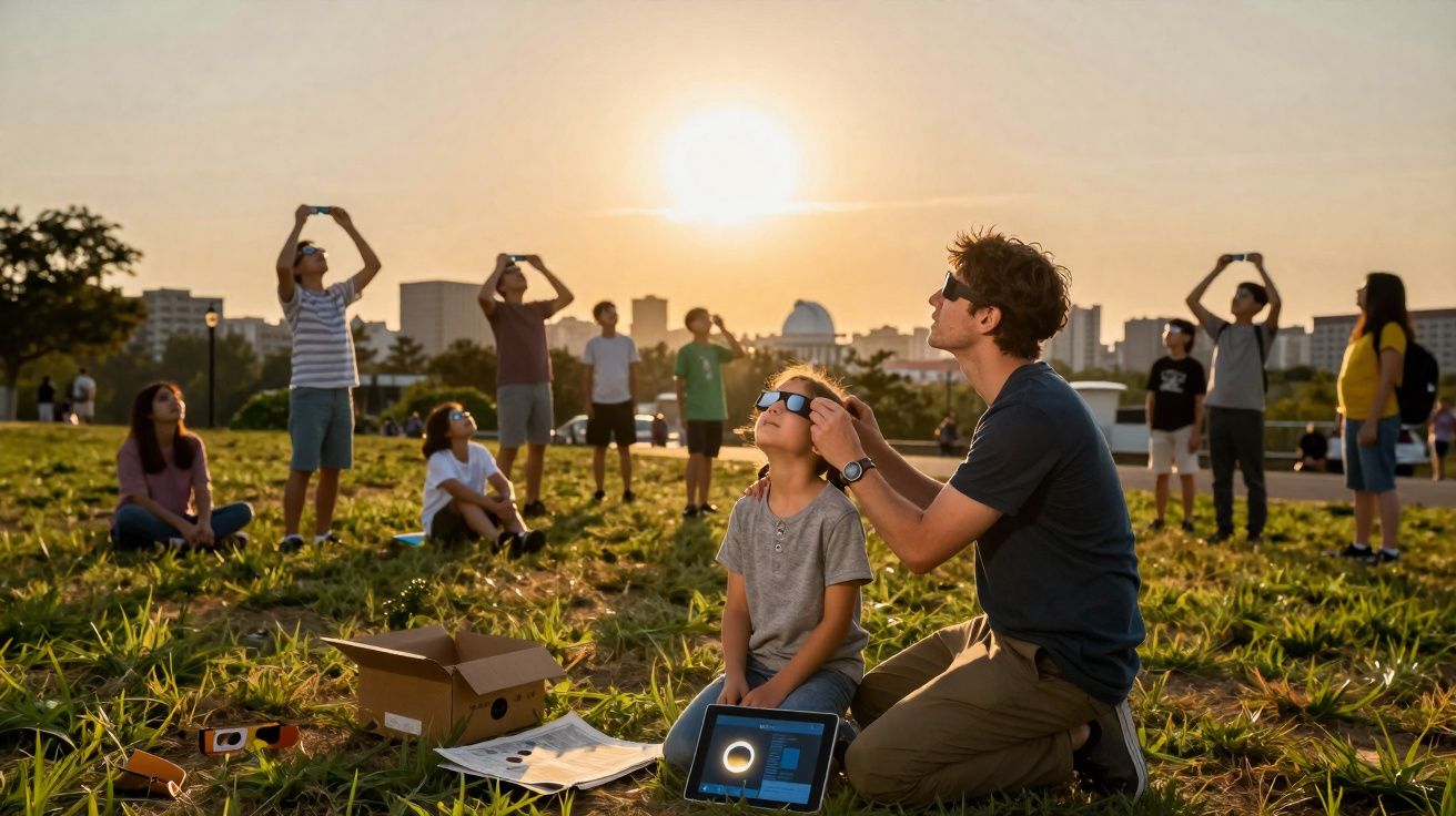 Grupo de pessoas em parque observando o sol com óculos especiais durante eclipse solar.