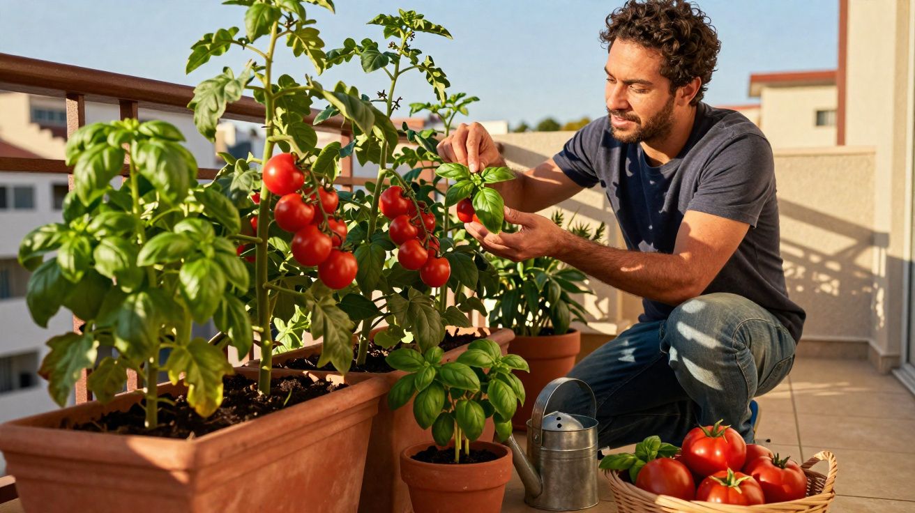 Homem cuidando de plantas com tomates e manjericão em varanda ensolarada de apartamento.