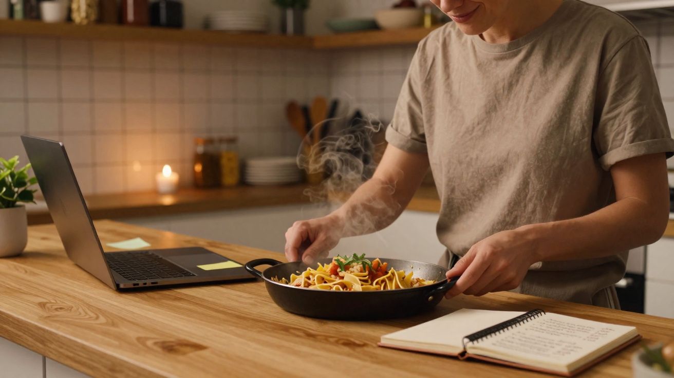 Pessoa preparando macarrão quente na cozinha com notebook e caderno sobre a bancada de madeira.