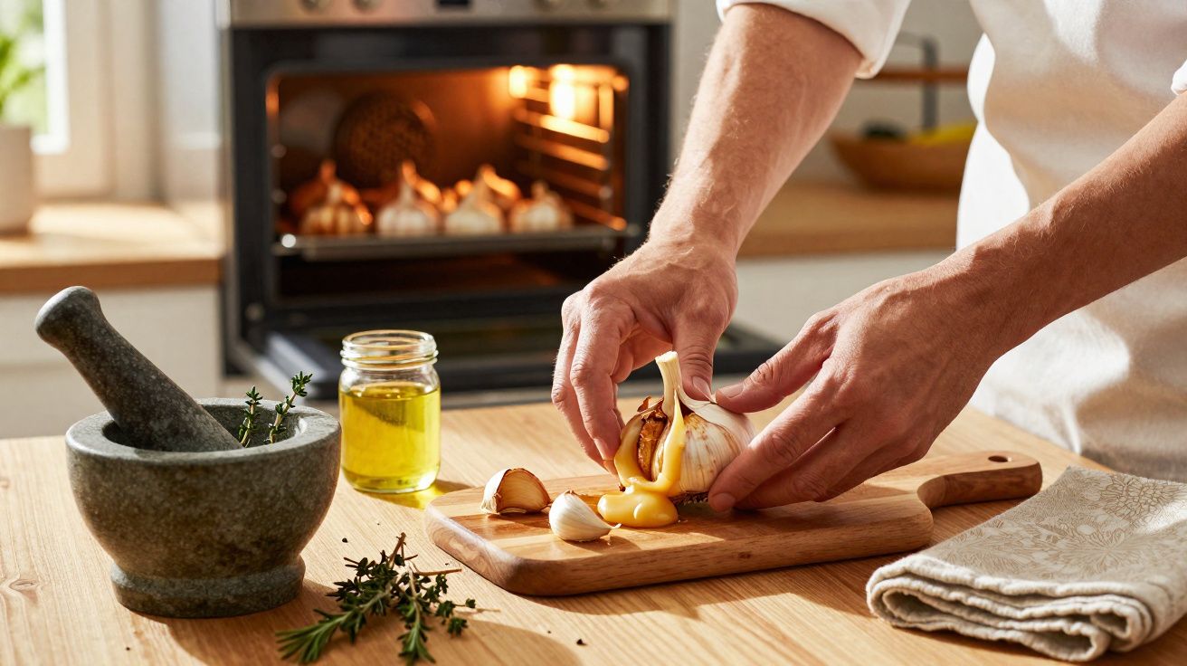 Pessoa extraindo dentes de alho em tábua, com forno ao fundo, azeite e utensílios de cozinha na bancada de madeira.