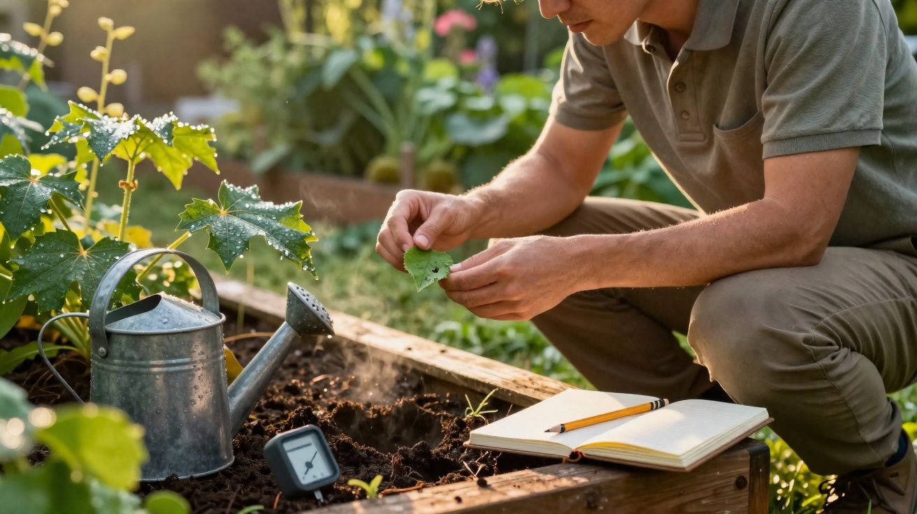 Homem examinando planta em canteiro com regador, caderno e medidor de umidade ao redor.
