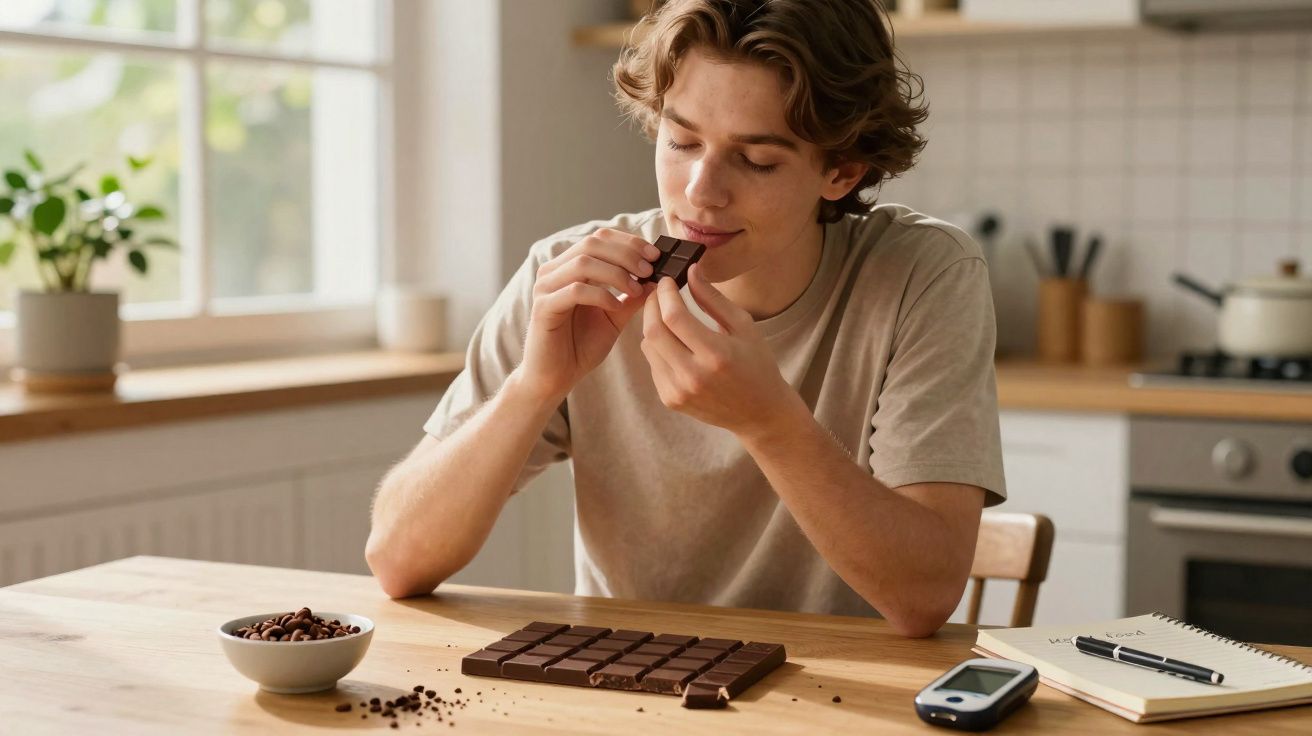 Jovem sentado à mesa, segurando pedaço de chocolate e apreciando em cozinha iluminada.