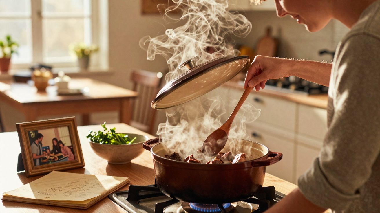 Pessoa mexendo panela com vapor na cozinha iluminada, com foto em porta-retrato e temperos ao fundo.