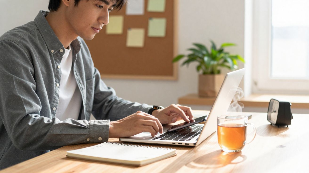 Pessoa jovem concentrada digitando em laptop, com xícara de chá e caderno em mesa de madeira clara.