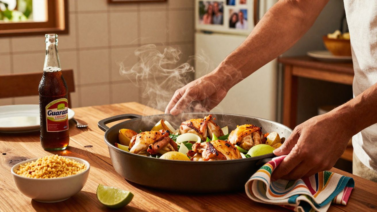 Pessoa retirando panela quente com frango assado e limão da cozinha, ao lado de Guaraná e cuscuz.