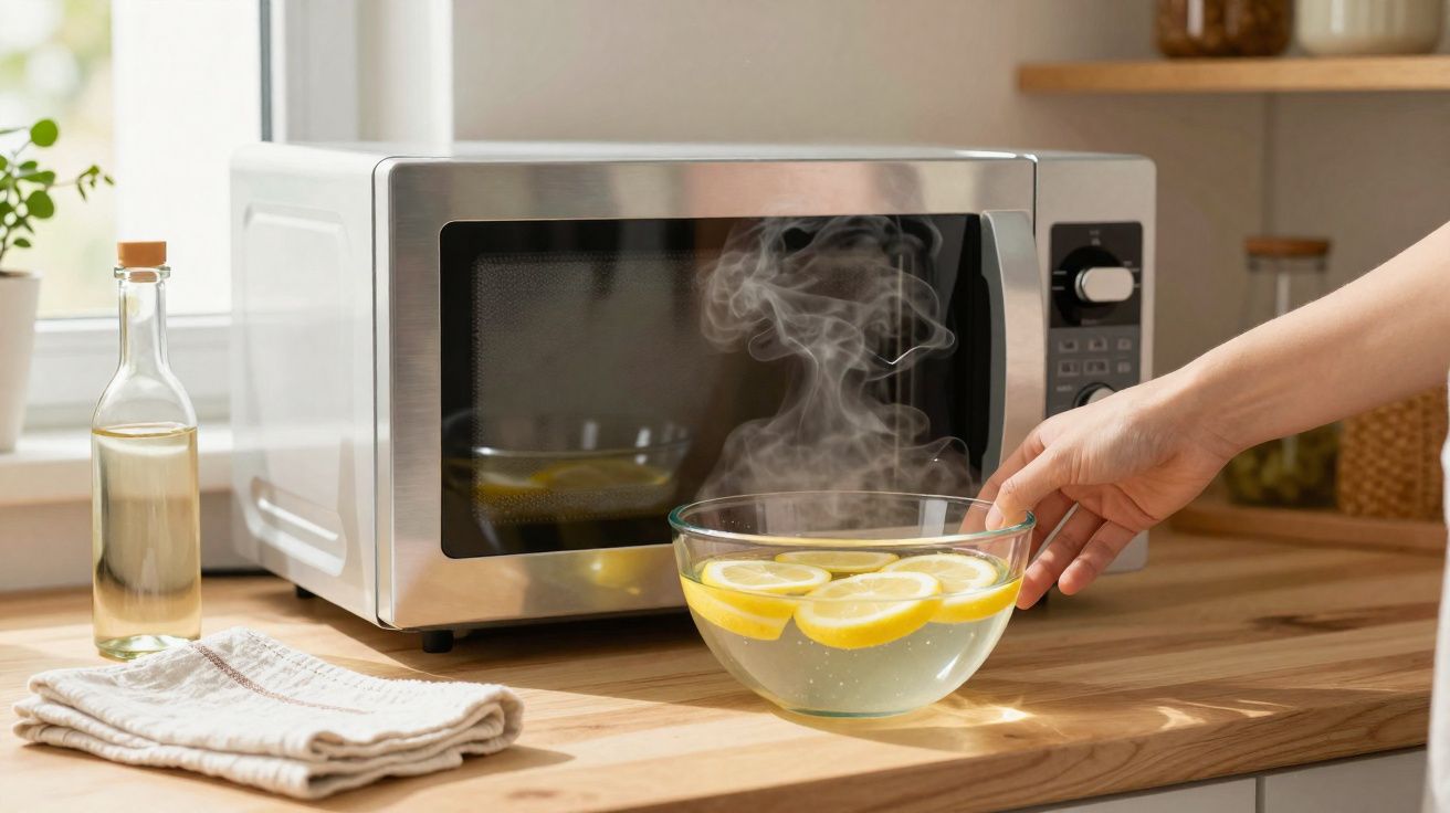 Mão retirando tigela de vidro com água quente e limões de micro-ondas em cozinha iluminada.