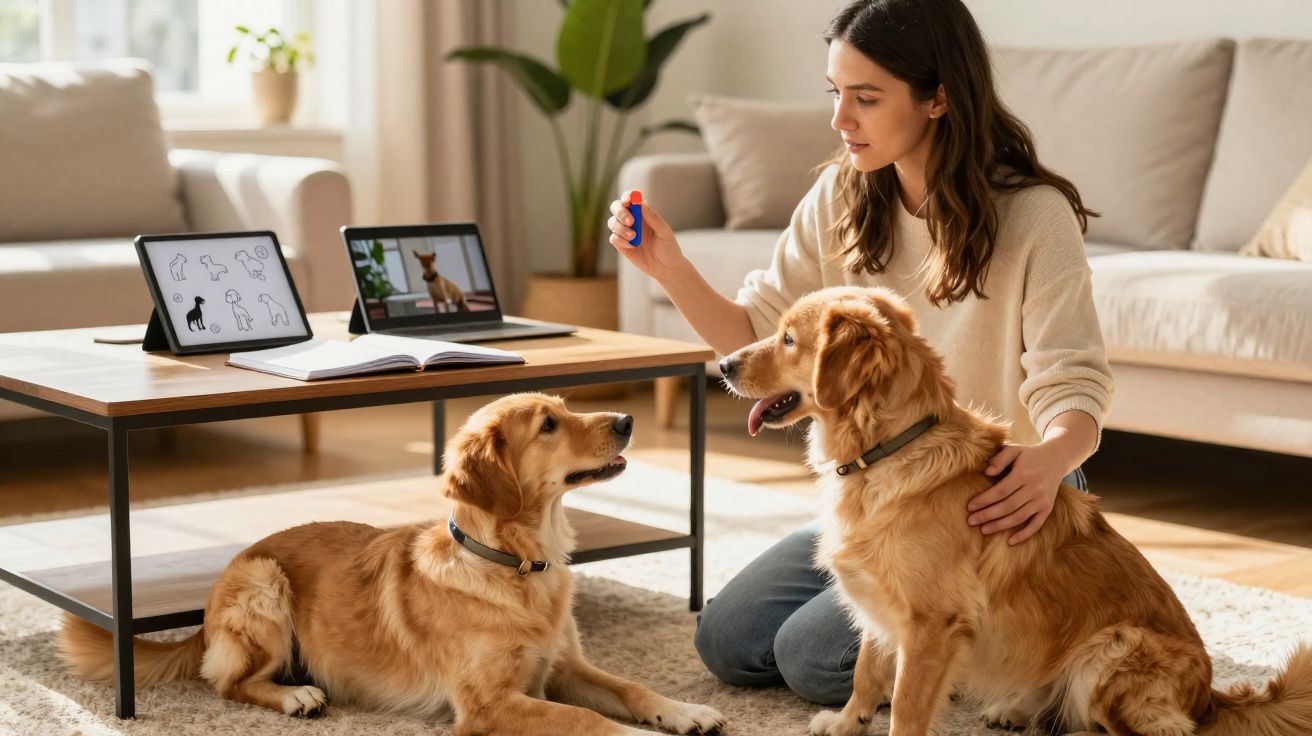Mulher treinando dois cães golden retriever em uma sala iluminada durante o dia.